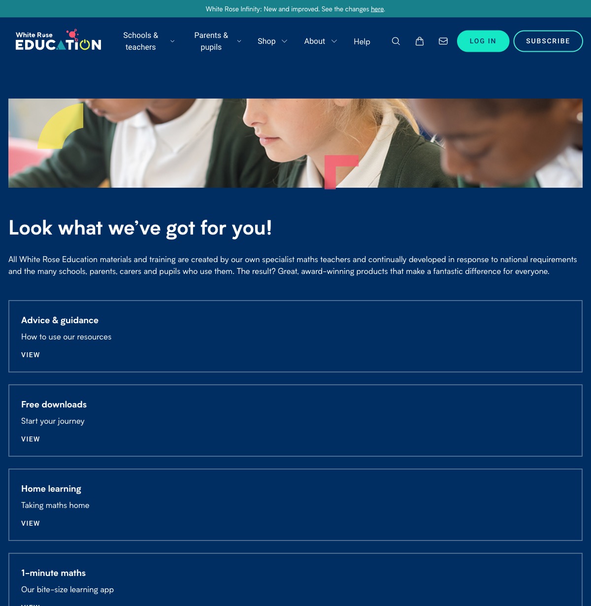 Screenshot of the White Rose Education parent portal showing free downloads, home learning resources, and the 1-minute maths app