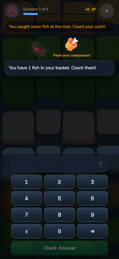 Quest screen showing a maths question wrapped in RPG narrative with companion and number pad